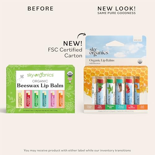 Sky Organics Organic Lip Balm Set (6-Pack) - Beeswax, Botanical Oils, Vitamin E, Natural Flavors - Cruelty Free & All Sk