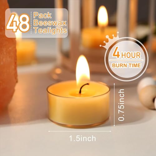 48 Pack Pure Beeswax Tealight Candles, 4-Hour Burn Time | Home Decor, Air Purification, Fragrance
