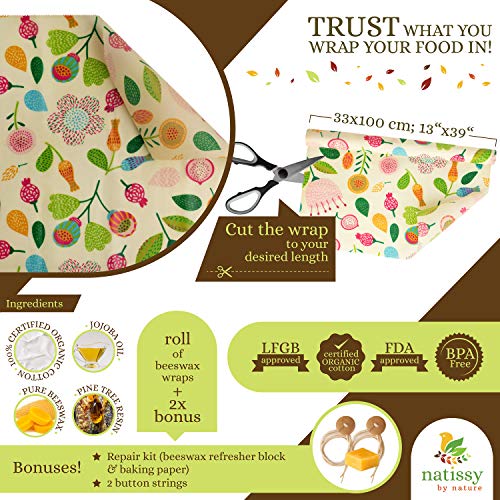 Organic Beeswax Wrap Roll, 39", Reusable Food Cover