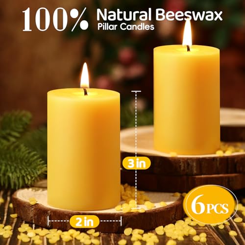 100% Pure Beeswax 6 Pack Pillar Candles - 192 Hours Burn Time, Dripless & Smokeless